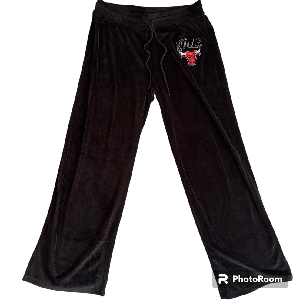 Chicago Bulls Velour Wide Straight Leg Pants Womens Black NBA Lounge Wear Large